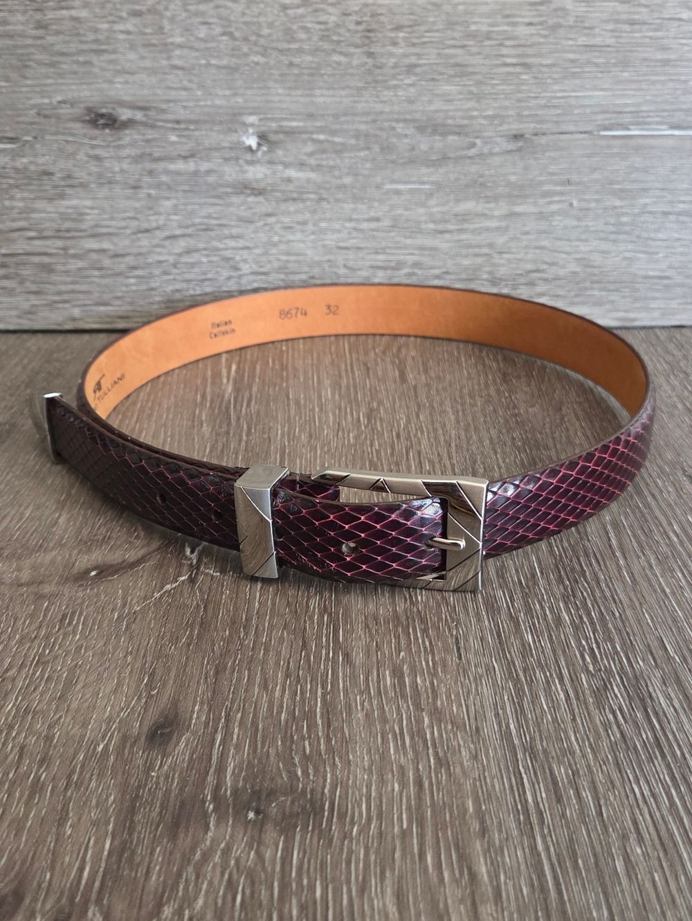 Remo Tulliani Men's Burgundy Snake-Texture Leather Belt with Silver Buckle Sz 32